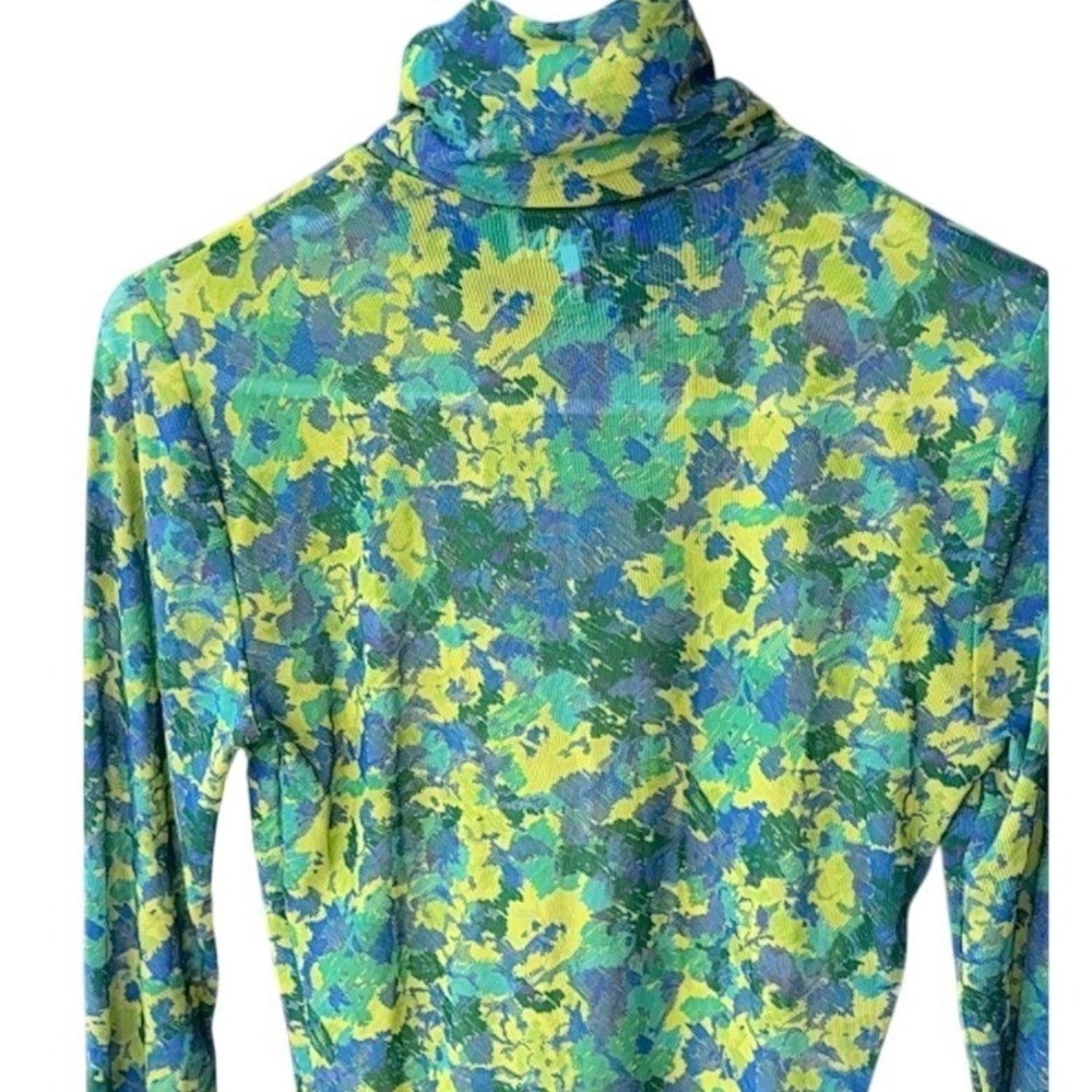 GANNI Women's M Sheer Mesh Floral Turtleneck Green Scandi Maximalist Dpamine